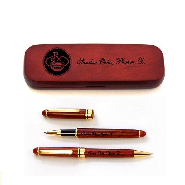 Personalized Solid Rosewood Case and Two Pens for Pharmacist