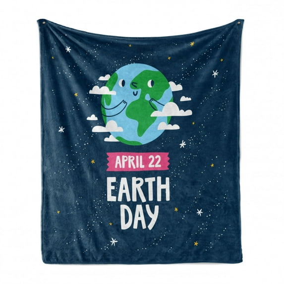 Earth Day Soft Flannel Fleece Throw Blanket, Smiling Globe Environmental Message April 22 Starry Night Sky, Cozy Plush for Indoor and Outdoor Use, 60" x 80", Night Blue and Multicolor, by Ambesonne