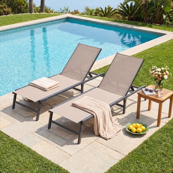 LAUSAINT HOME Patio Lounge Chairs Set of 2, Outdoor Folding Tanning Chaise with 5-Position Adjustable Backrest for Backyard, Poolside