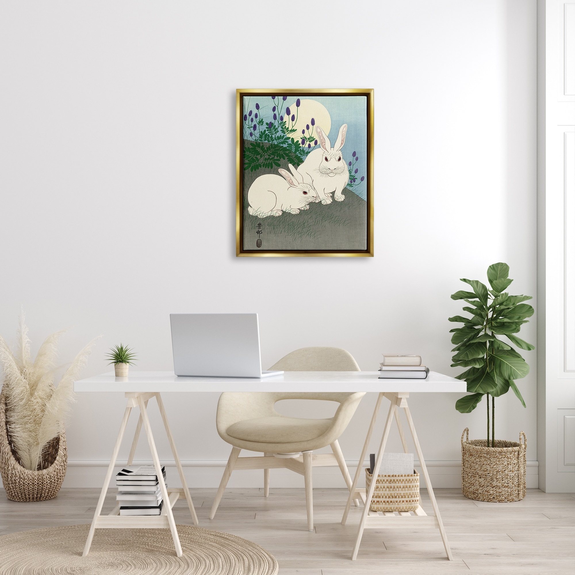 Stupell Industries Konijnen bij Volle Maan Ohara Koson Classic Rabbit Painting Painting Metallic Gold Floating Framed Canvas Print Wall Art, Design by one1000paintings