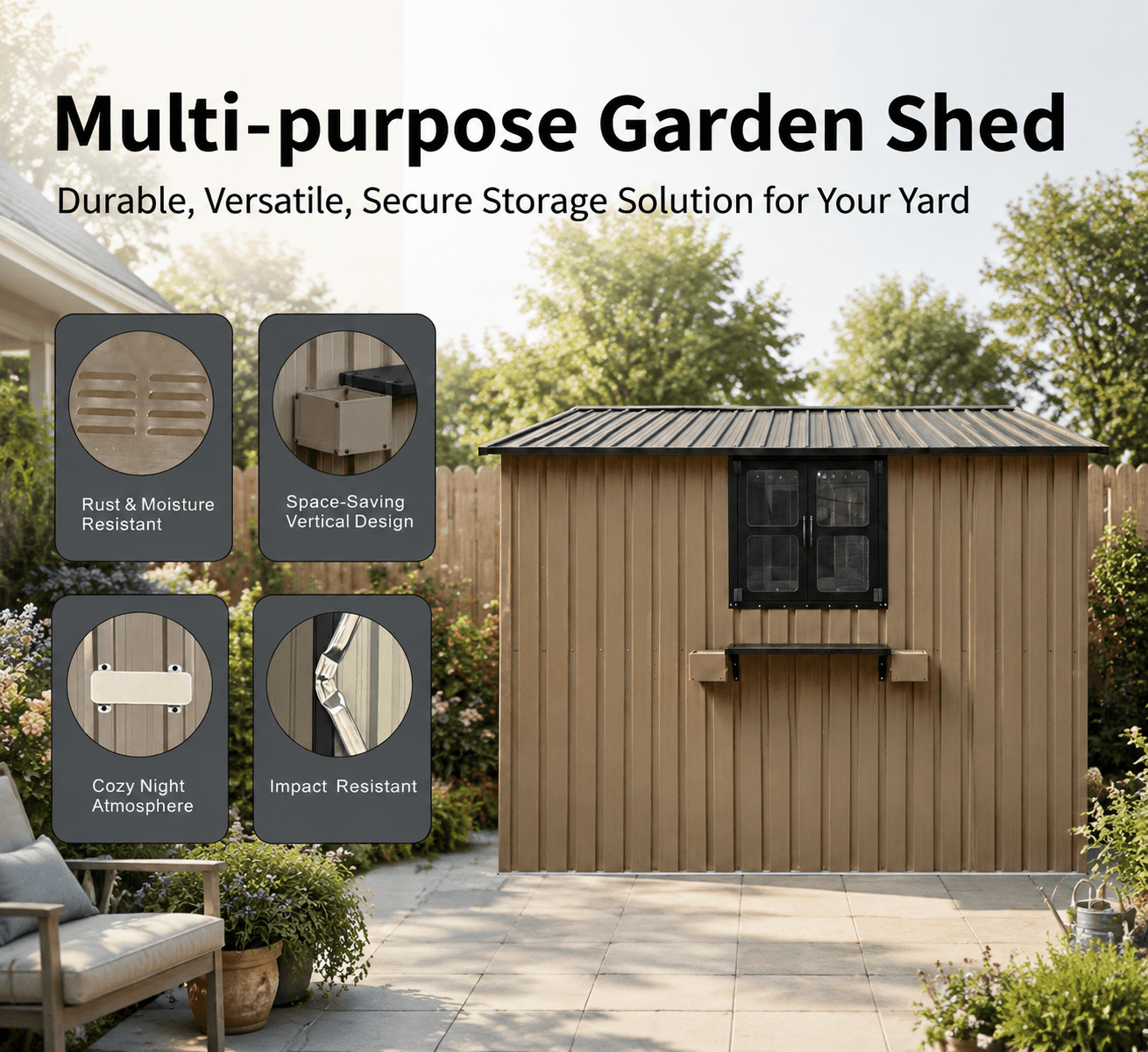 Mintazer 10×8ft Metal Outdoor Storage Shed with Lockable Door & Window, Weatherproof Garden Tool Shed with Flower Baskets, Brown