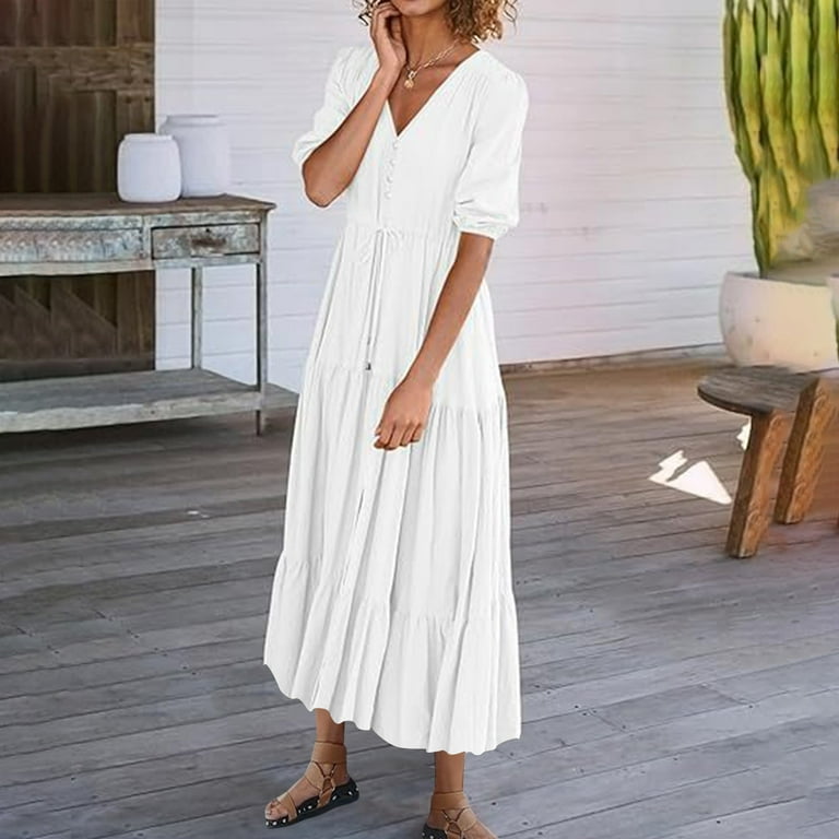 half sleeve boho maxi dress Printed Off-Shoulder Ruffle A-Line Maxi Dress – Uoozee official main image 1