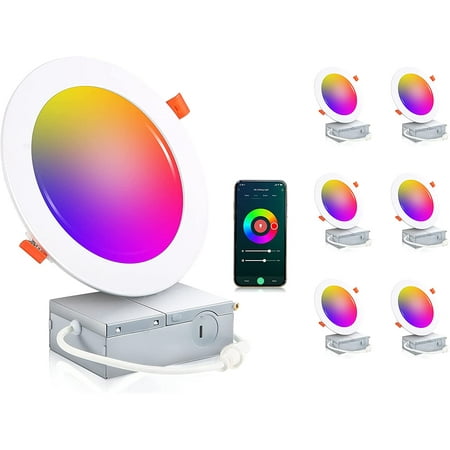

[6 Pack] 6inch Smart WiFi LED Recessed Lights RGBCW Color Changing Recessed Compatible with Alexa and Assistant No Hub Required 15W 2700K-6500K CRI90+ Wet Location