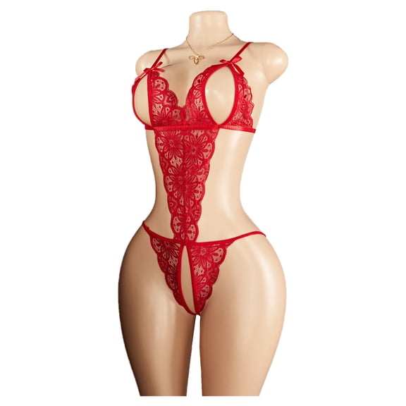 AESKEIA Women's Lace Trim Comfort Bodysuit & Sling Style Bralette Set, Flattering Contour Fit One Piece Red S
