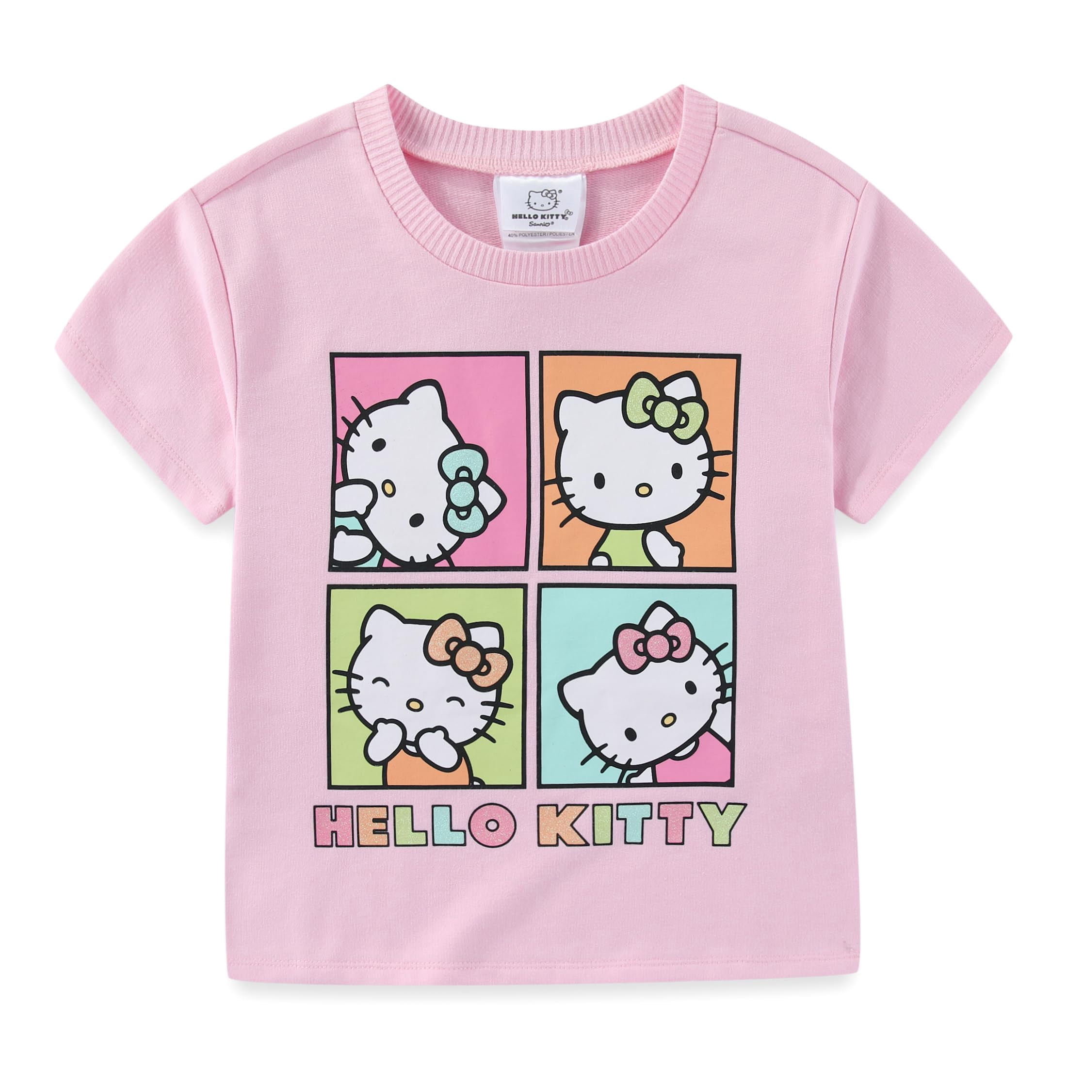 Hello Kitty Sanrio French Terry Short Sleeve T-Shirt Tank Top and Short Set (Girls), 3 Piece Set, Sizes 5-12
