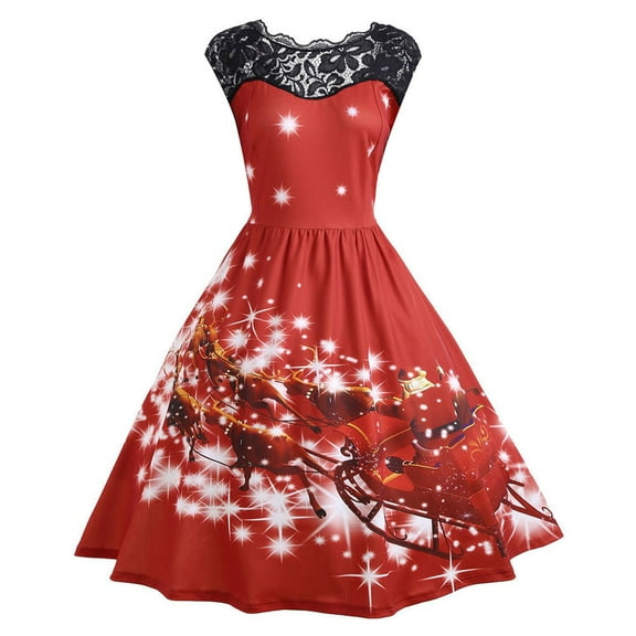 Christmas Dress for Women Fashion Women Vintage Christmas Print Sleeveless Swing Xmas Party Dress