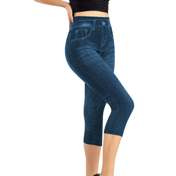XIMIN Ladies Running Pants Ladies Denim Capri Pants 2024 Summer Stylish Casual Elastic Waisted Leggings Solid High Waist Seamless Capris(Blue,L)