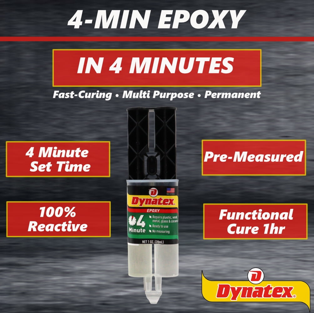 Dynatex 4 Minute Epoxy Adhesive 1 oz Twin Syringe - Rapid Cure, Clear Rigid Bond, Bonds Metal Ceramic Glass Concrete Wood, Pre-Measured (4-Pack)