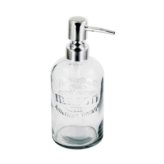 Grant Howard Mason Glass Soap Dispenser – 16 oz Round Clear Bottle with Metal Pump