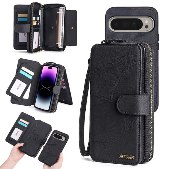 Feishell for Google Pixel 9 Pro XL Multi-Function Wallet Case, with Wrist Strap, Premium PU Leather 2 in 1 Magnetic Detachable Purse 14 Card Holder Slots Zipper Pocket Phone Case for Women Men,Black