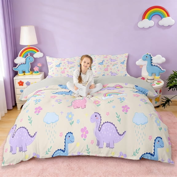 Erosebridal 3D Multicolor Dinosaur Duvet Cover Set,Colorful Cute Flowers Bedding Full For Girls,Ancient Animals Theme 3pcs,No Comforter,Reversible