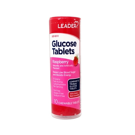 LEADER Glucose Tablets, Energy and Blood Sugar Support, Raspberry Flavor, 10 Count Travel Size