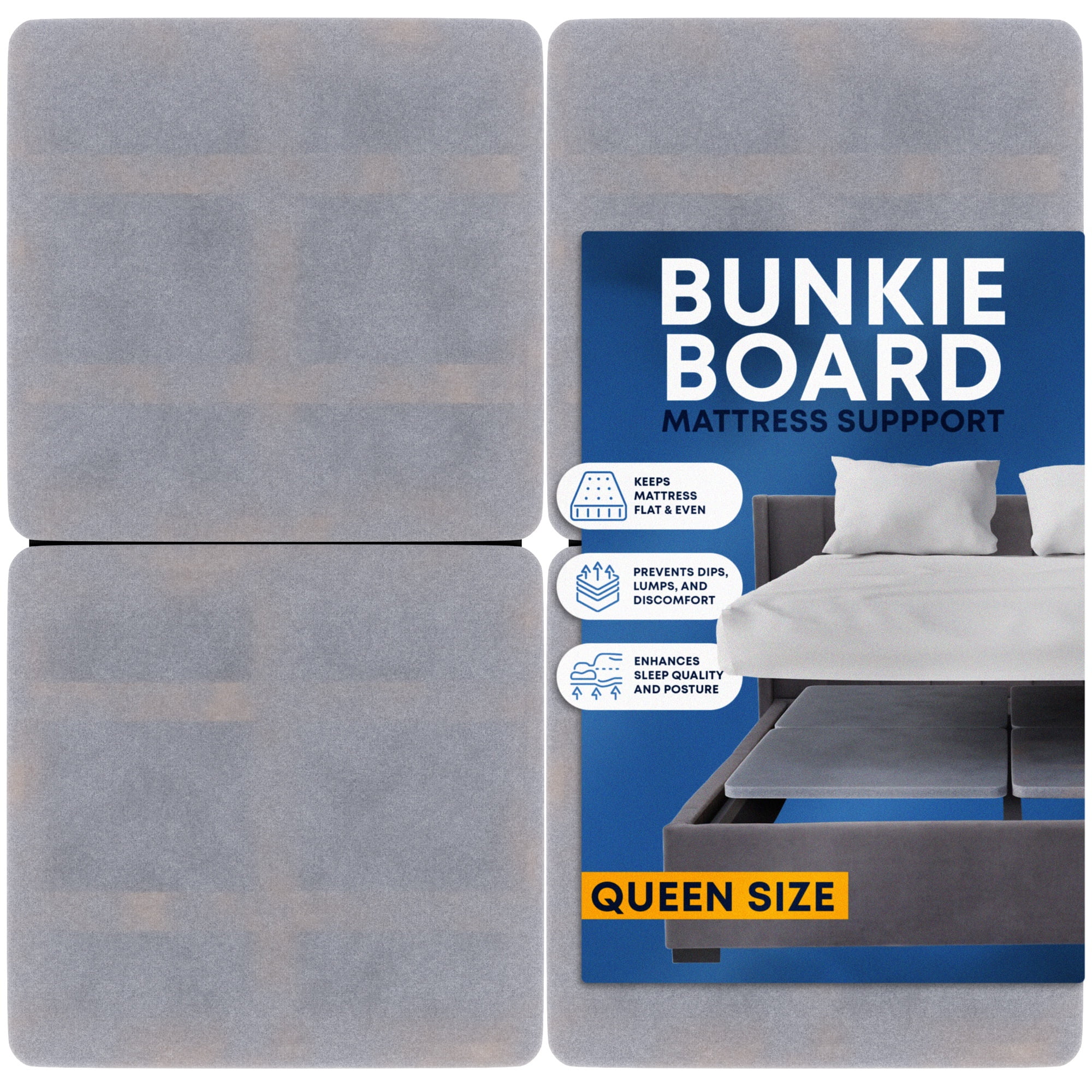 Continental Sleep, 1.5" Split Wood Bunkie Board for Queen Size Bed, 4-Piece Under Mattress Support Board, Fully Assembled, Fabric Ventilation Cover, Replaces Wooden Slats or Box Spring for Bed Frames