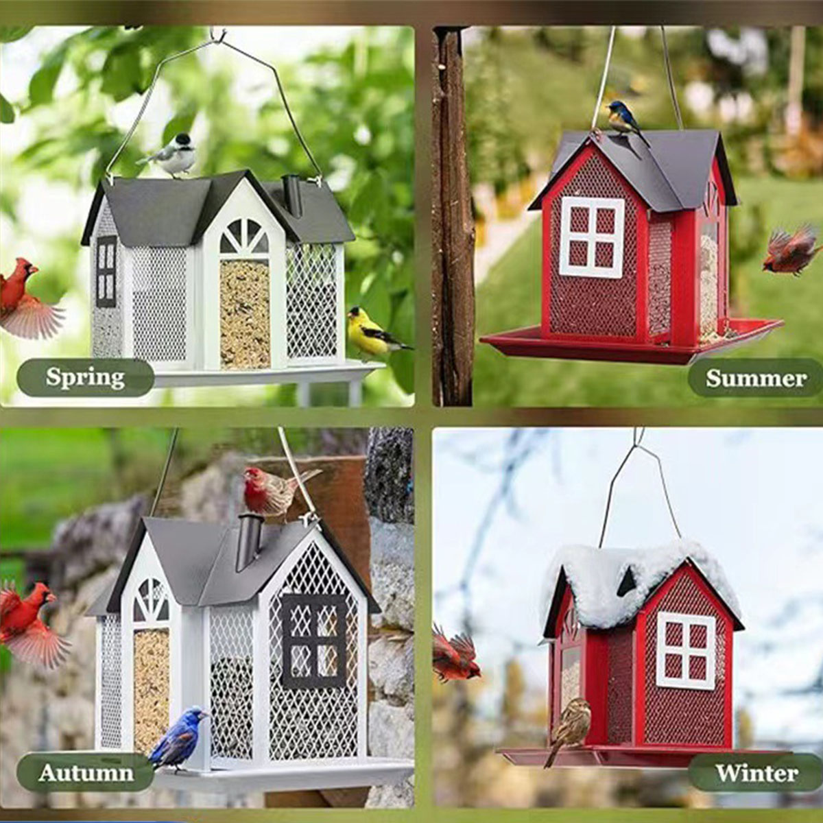 Bird Feeders for Uutdoors Hanging, Bird Houses for Outside, Metal Mesh Wild Bird Feeder with 3 Feeders for Finch Cardinal Chickadee, Large Capacity, Weatherproof and Durable