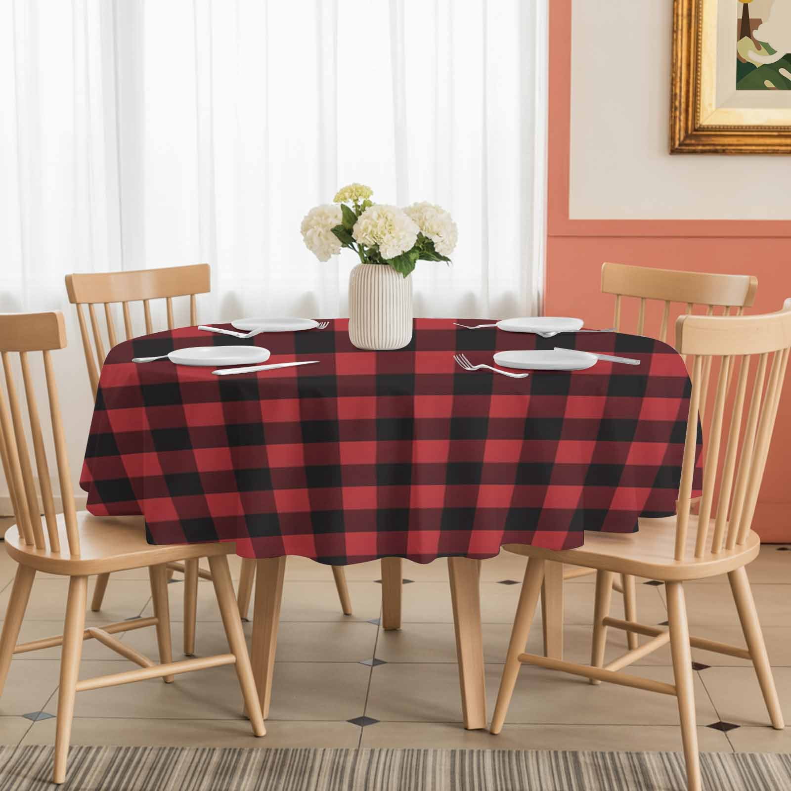 Round Tablecloth Rustic Red Black Buffalo Check Plaid Pattern Waterproof Oil Proof Polyester Table Cloth Cover Decor for Home Dining Outdoor,Patio,Parties, 60" Dia. Christmas