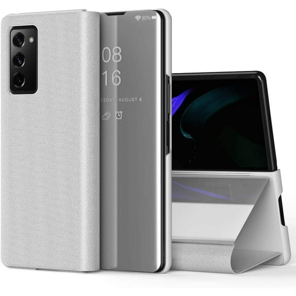 Samsung Galaxy Z Fold 2 Case, Luxury Mirror Design Clear View Smart Window Screen Display Case Support Wireless Charging Flip Phone Cover for Samsung Galaxy Z Fold 2 5G QH Silver