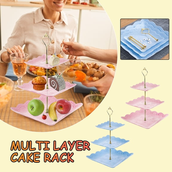 XMMSWDLA 3 Tier White Dessert Stands, Plastic Tiered Cake Stands, Fruit Candy Display Includes Square/Sakura-Shaped/Round Dessert Tiered Stand for Wedding Birthday Family Party PINK