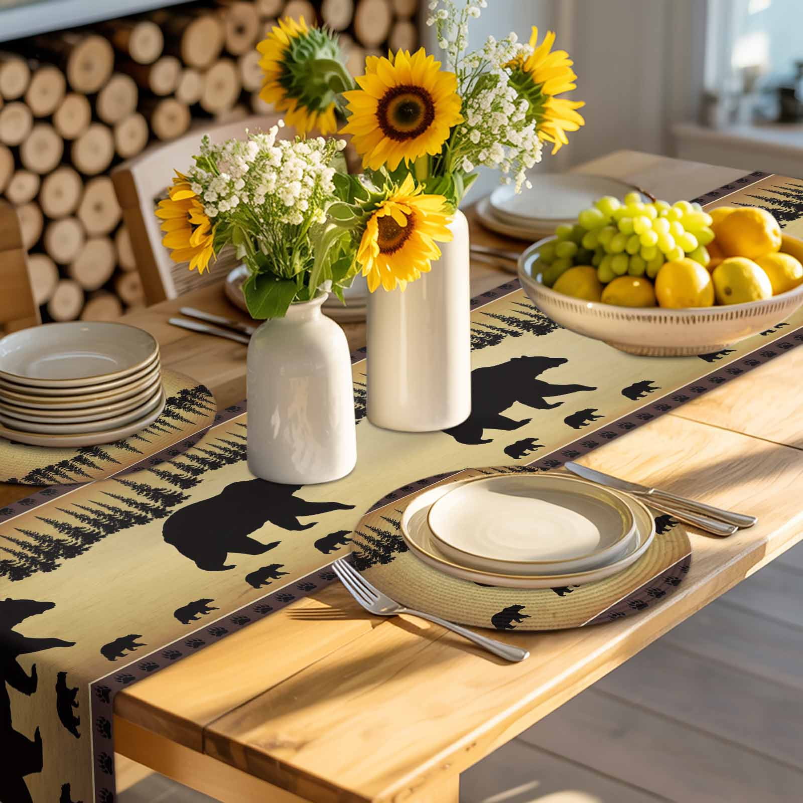 Black Vintage Forest Bear Round Table Placemats set of 6, Country Farmhouse Pine Washable Woven Place Mats for Dining Tables Kitchen Party Decor,Heat Proof, 13in, Brown