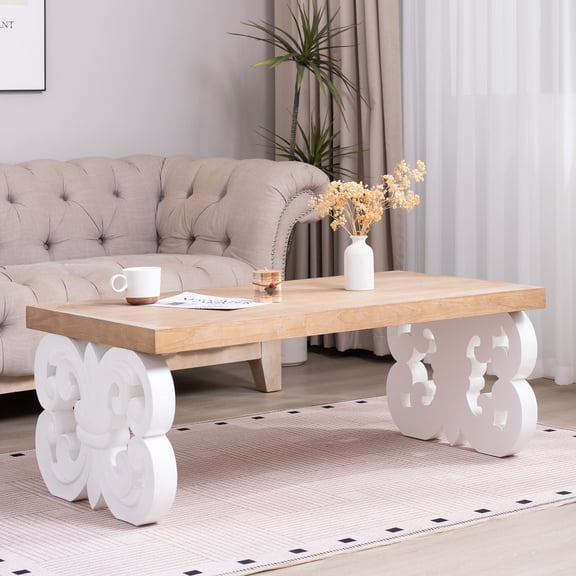 Coffee Tables Ornate Wood Coffee Table – 47" Rectangular Farmhouse Style Table with White Carved Base and Natural Wood Top – Living Room Accent Table – Elegant Centerpiece for Modern or Traditional D