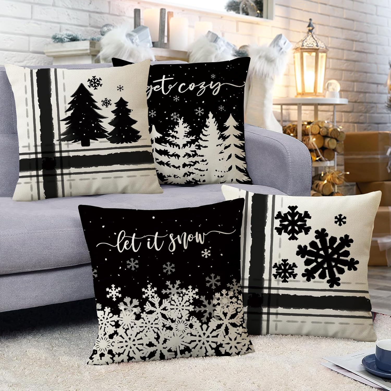 Winter Snowflake Decorative Throw Pillow Covers 16x16 Set of 4, Let It Snow Christmas Pine Tree Black Outdoor Pillowcase, Get Cozy Seasonal Holiday Farmhouse Cushion Case Home Decor