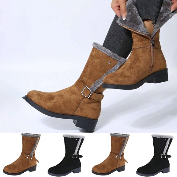FRSASU Women's Mid-Calf Snow Boots Faux Fur Lining Non Slip Comfort Winter Snow Hiking Boots with Side Zipper Brown