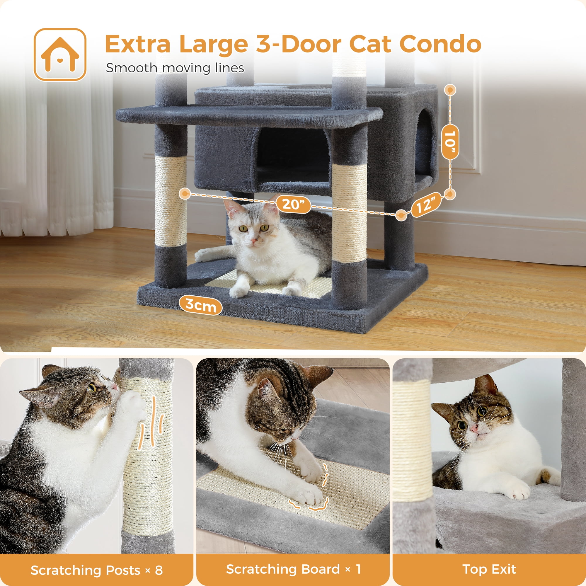 PAWZ Road 73"Cat Tree for Large Cats Multi Level Play Tower Condo 7 Sisal Cat Scratching Posts,Dark Gray