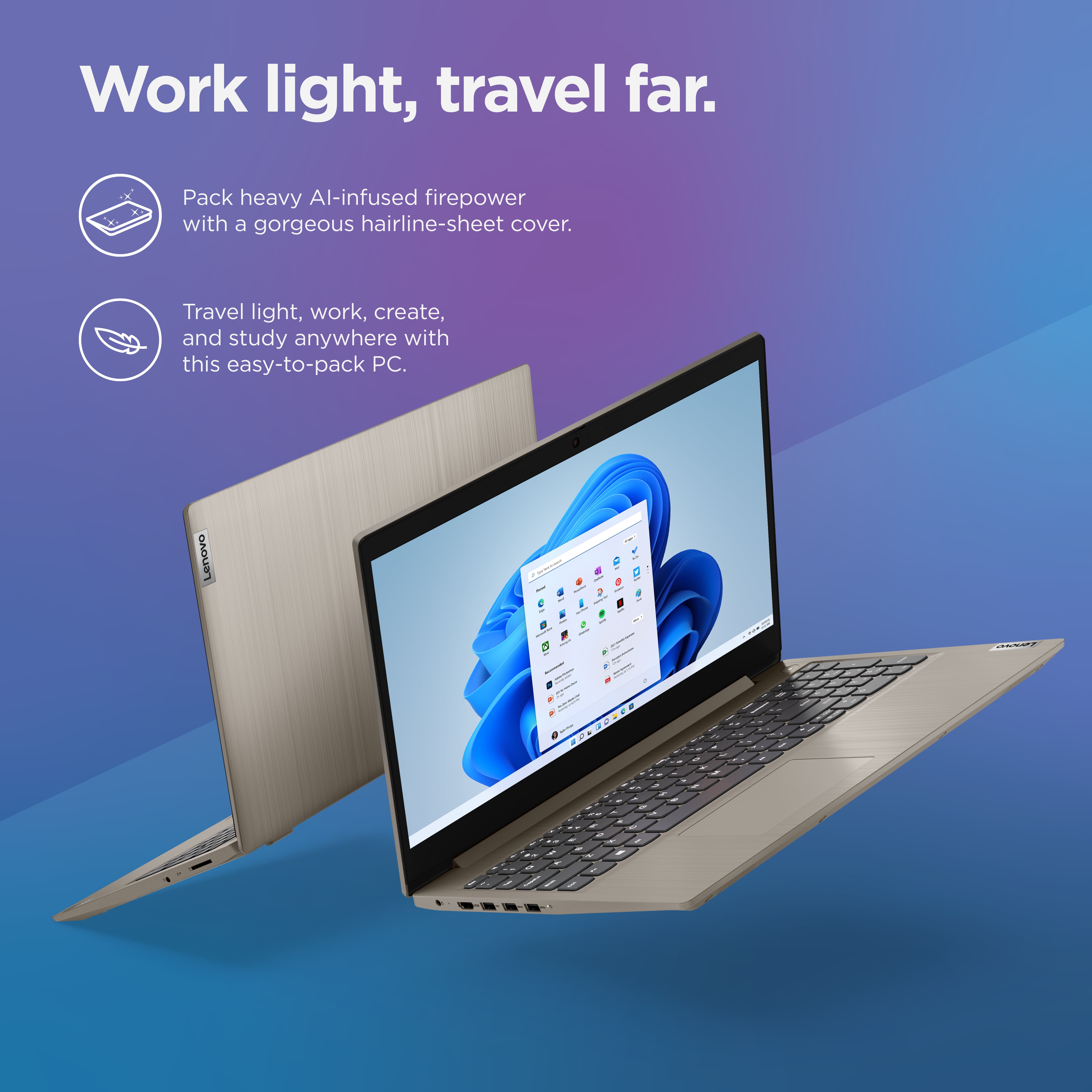 Lenovo Ideapad 3 15.6" FHD Laptop, AMD Ryzen 5 5500U, 8GB RAM, 256GB SSD, Windows 11 Home, Sand, 82KU01RKUS