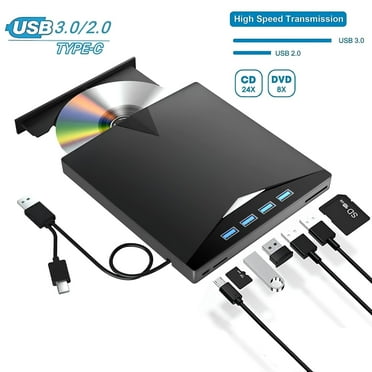 External CD DVD Drive for Laptop, [7 in 1] USB 3.0 Type-C External DVD Player Portable CD/DVD ROM Burner with TF/SD Card Slots, Optical Disk Drive for Desktop PC Windows 11/10/8/7 Linux Mac OS