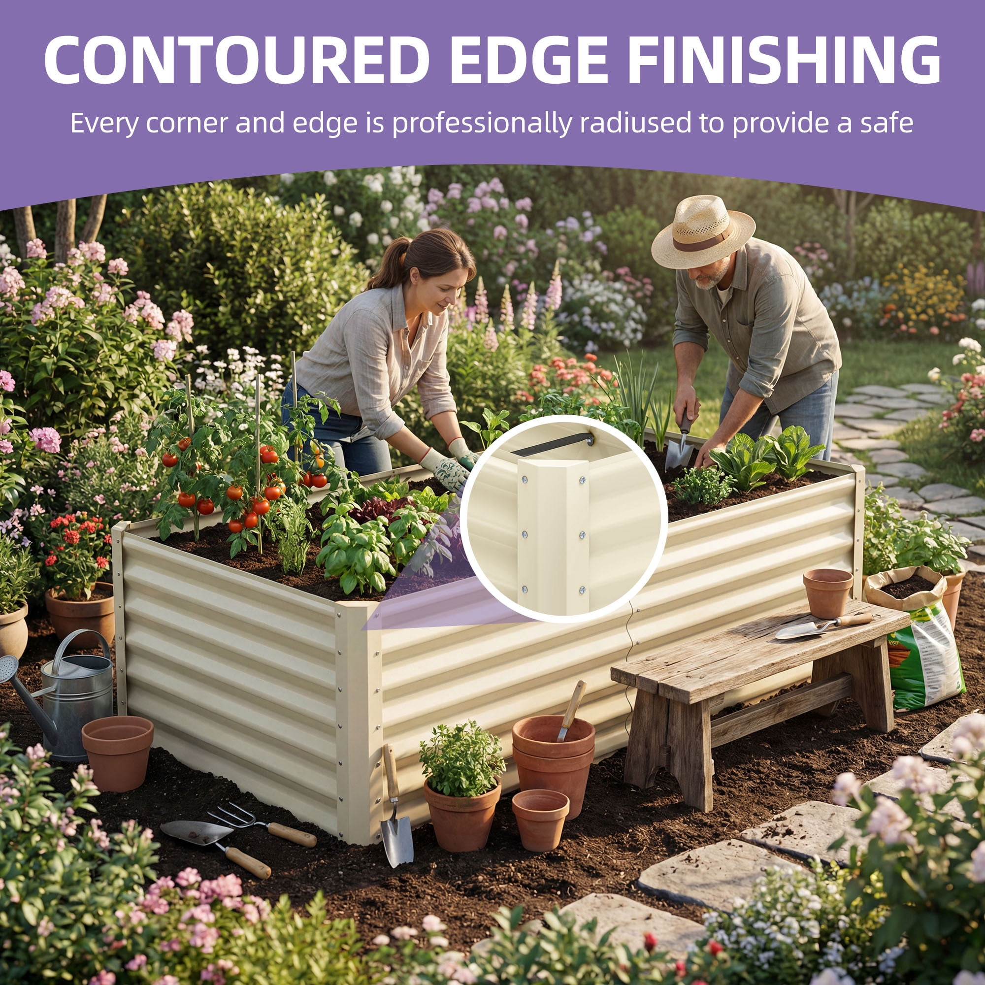 Uforic 6x3x3 Ft 1 Piece Galvanized Metal Raised Garden Bed Kit with Free Gloves Cream White