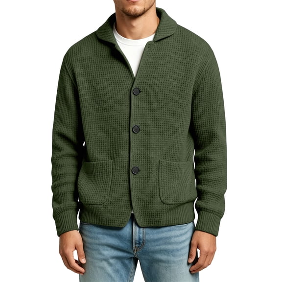LEKWK Cardigan Sweater for Men Waffle Knit Casual Long Sleeve Shawl Collar Button Down Knitwear Warm Fall Winter Outerwear with Pockets for Daily Wear