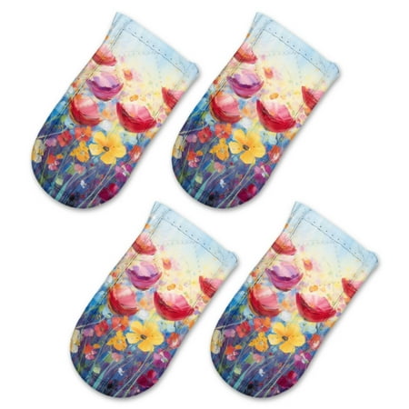 

BaHomeck Pot Handle Holder Covers 4Pcs Abstract Painting Of Colorful Wildflowers Of Poppies And Daisies Non Slip Heat-Resisting Pan Handle Covers For Home Kitchen Baking Cooking BBQ Cookwares 6×3In