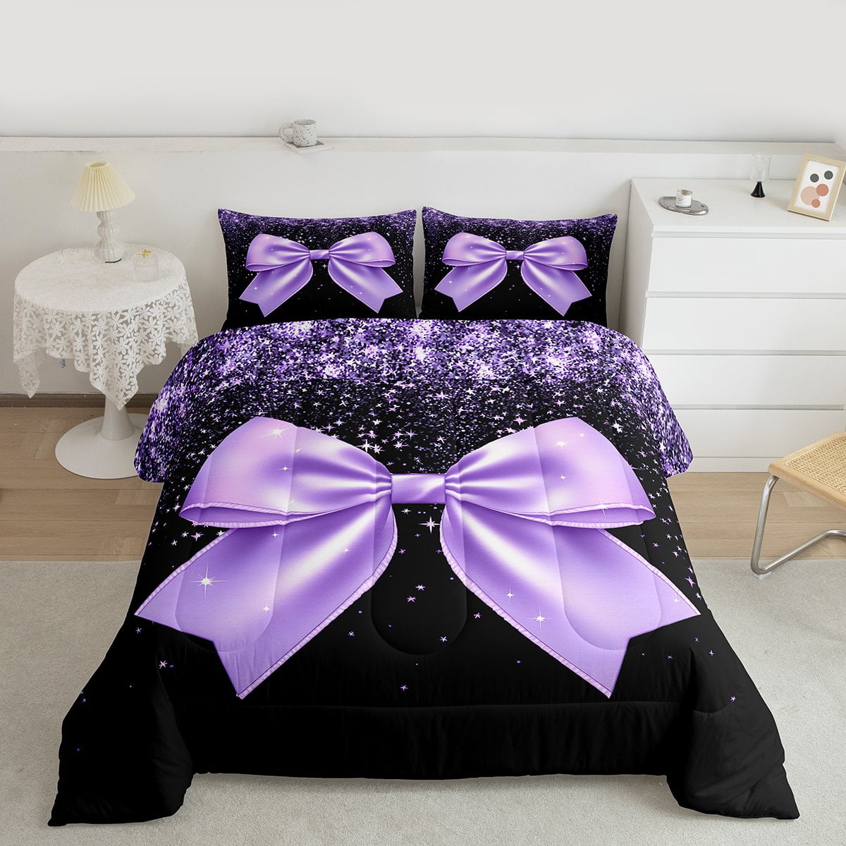 Manfei Princess Bling Bowknot Full Size Comforter Sets, Dreamy Glitter Bow-tie Bedding Comforter Set, Black Purple Cartoon Bedding Sets, Breathable Home Decor, 3pcs