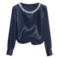 thumbnail image 4 of Lkhaha Womens Tees Tops Elegant Solid Long Sleeve Satin Finish Pearl Embellishment Workout Clothes Blue 2XL, 4 of 7