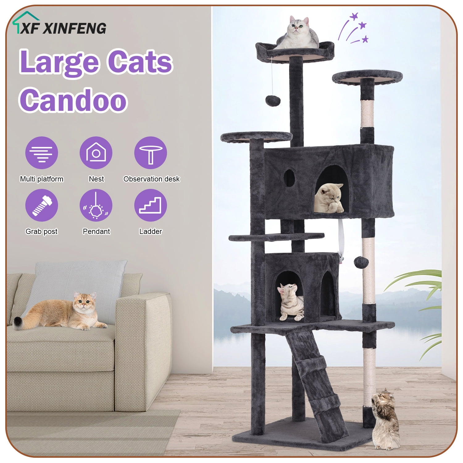 XF XINFENG 70" Cat Tree Tower Playhouse for Indoor Cats with Scratching Posts, Multi-Level Pet Cozy Condo Furniture, Ashy
