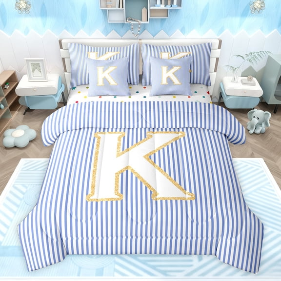 Feelyou Initial K Letter Twin Bedding Sets 7-Piece for Kid, Fashion Stripes Ombre Bedding Comforter Set, Fairy Tale Princess Reversible Sheet Sets, Breathable Home Decor