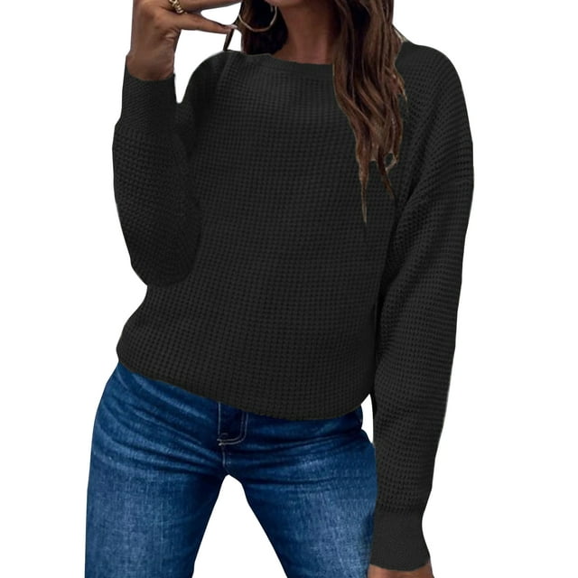 Daeful Jumper Tops Long Sleeve Pullover Solid Color Sweater Ladies Knitwear Basic Plain Knitted Sweaters Black XXL