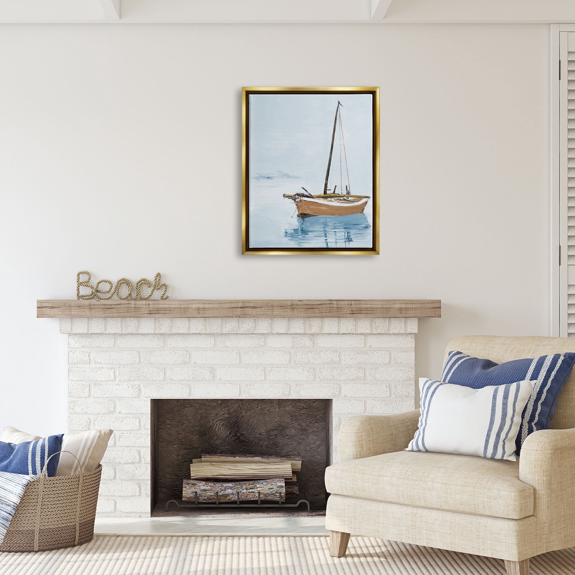 Stupell Industries Sailboat & Water Ripples Transportation Painting Gold Floater Framed Art Print Wall Art, 25 x 31