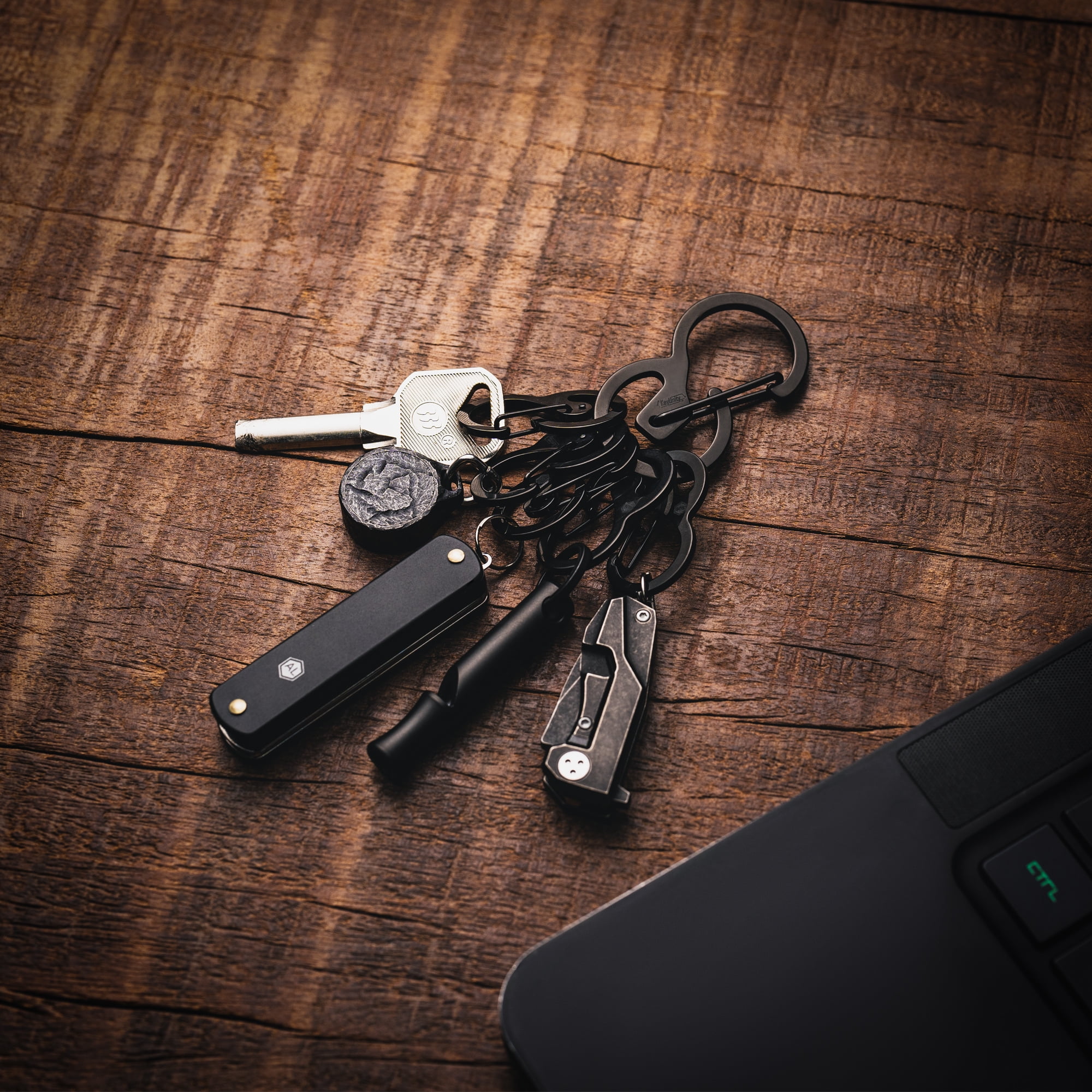 Key Unity 6pcs Stainless Steel Key Chain, KS04 Quick Released Backpack Clasp for Keys, Flashlight, Folding Knife and Whistles, Black