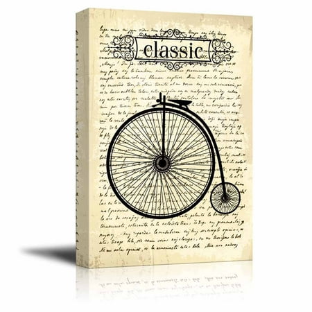 wall26 Canvas Wall Art - A Retro Style Bicycle on Vintage Letter Script Background - Gallery Wrap Modern Home Decor | Ready to Hang - 12x18 (Best Way To Hang A Bike On A Wall)