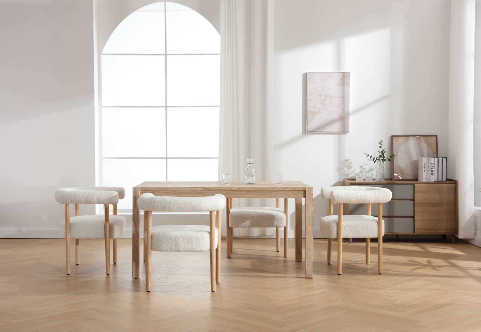 Guyou Modern Barrel Dining Chairs Set of 2, Mid-Century Farmhouse Kitchen Chairs with Curved Back, Wooden Sherpa Upholstered Dining Side Chairs for Dining Room Living Room Kitchen, White