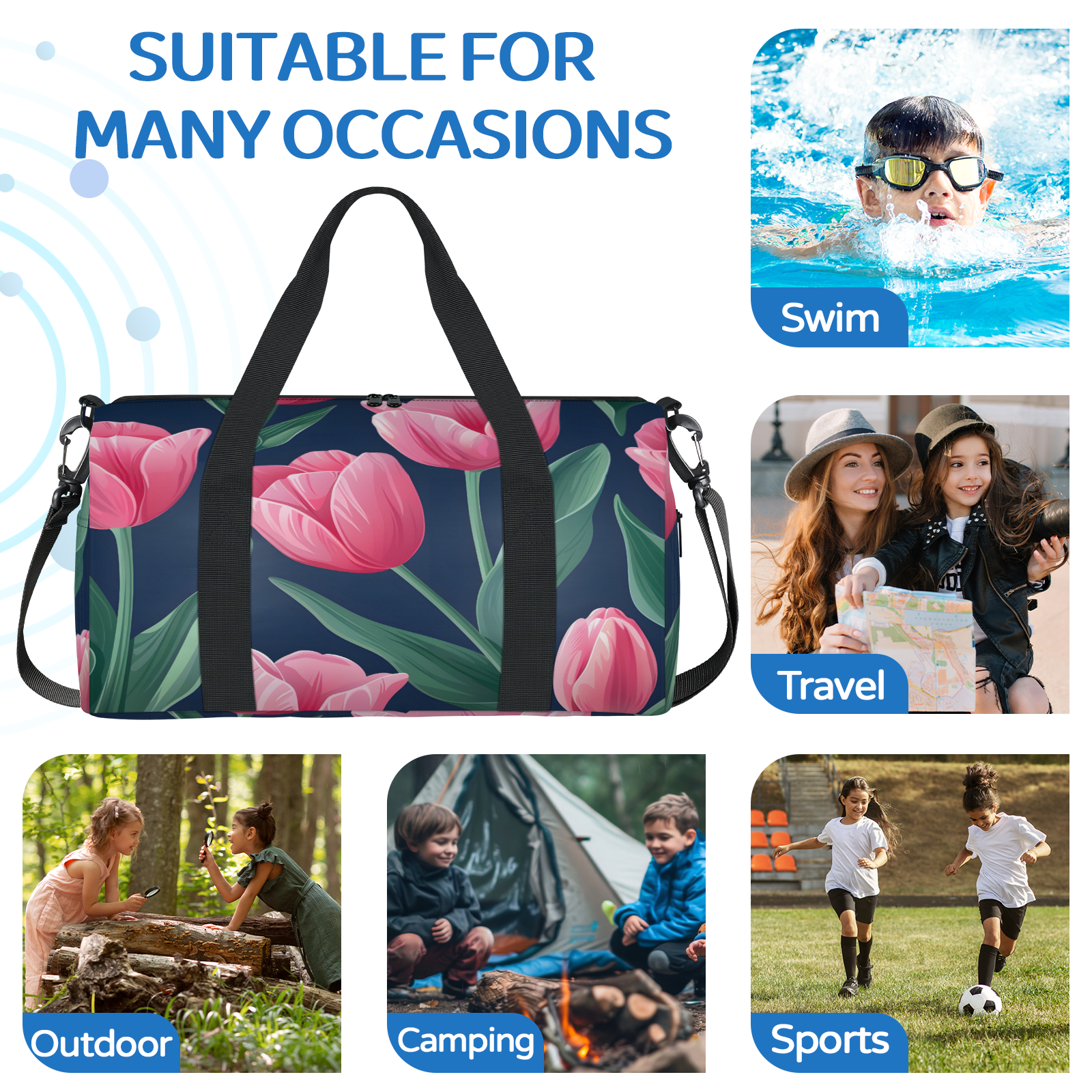 Herdesigns Pink Floral Gym Bag for Women, Duffle Bag for Travel Sport, Tulip Flower Lightweight Waterproof Carry on Weekender Dance Yoga Workout Bags