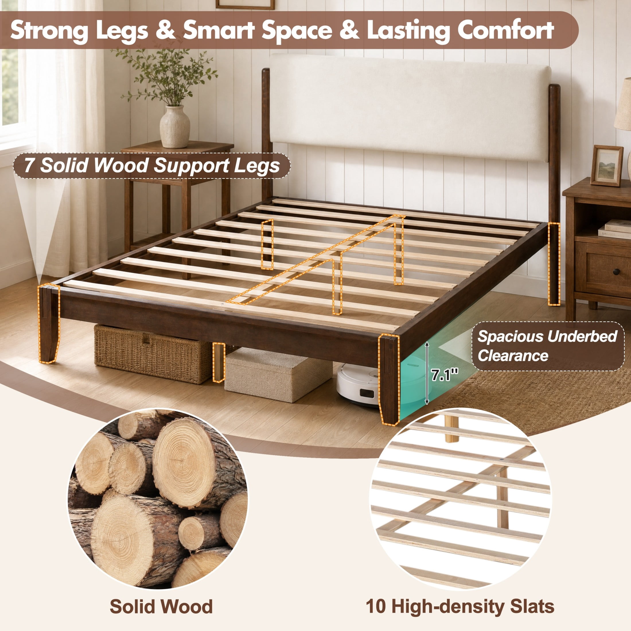 Christopher Knight Home Queen Solid Wood Platform Bed Frame with Velvet Upholstered Headboard, Walnut