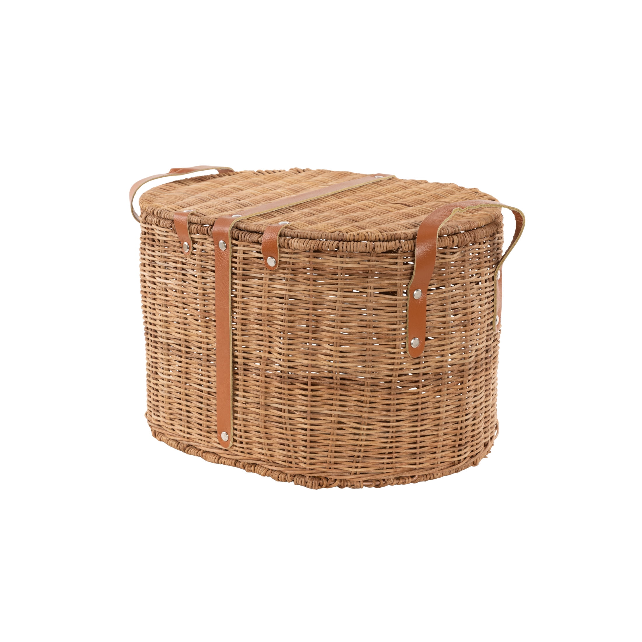 DecMode 16" x 10" Brown Rattan Handmade Woven Storage Basket with Lid and Leather Handles, 1-Piece