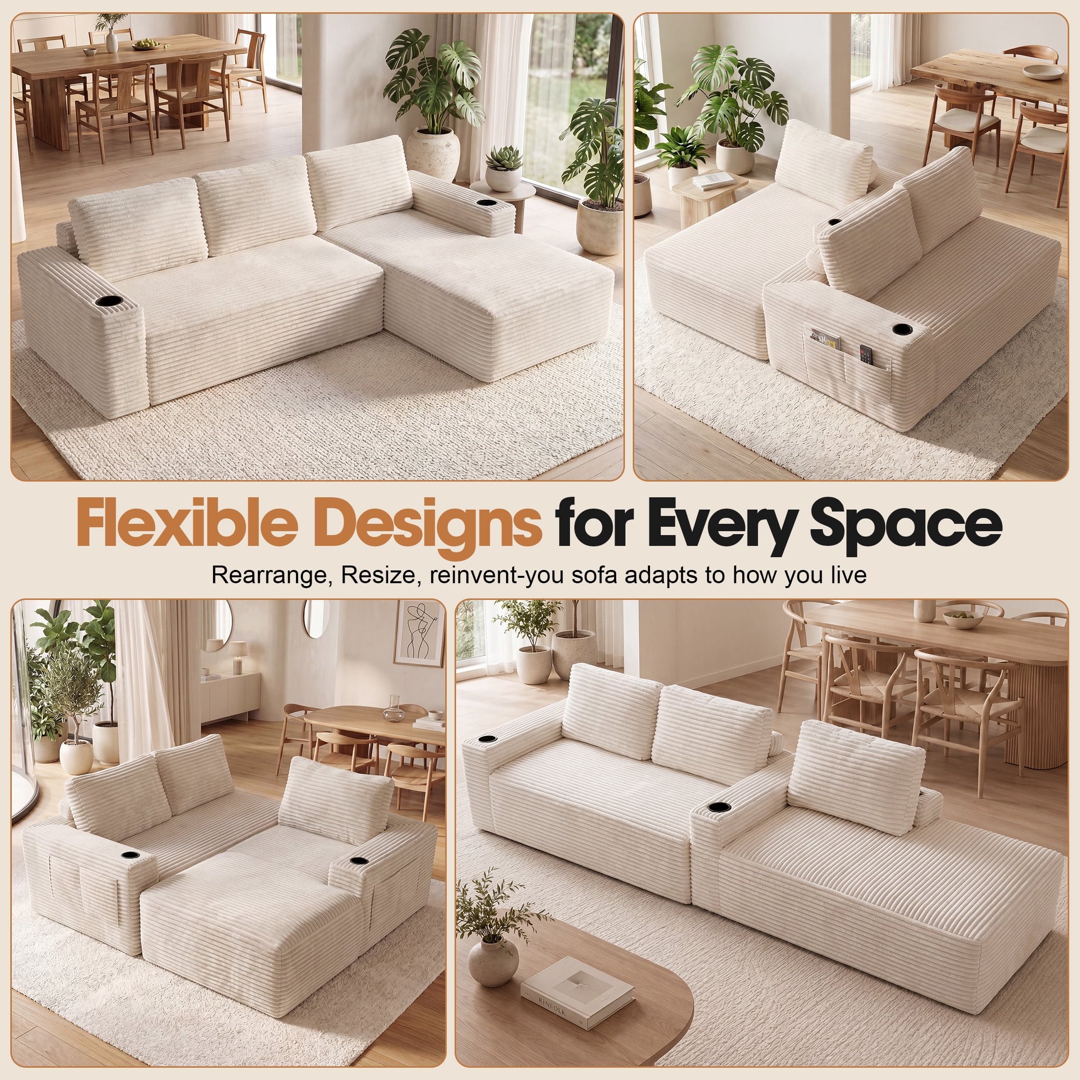 Aenkyo 104 Inch Corduroy L-Shaped Cloud Sectional Sofa with Right Facing Chaise and Cup Holders, Gream