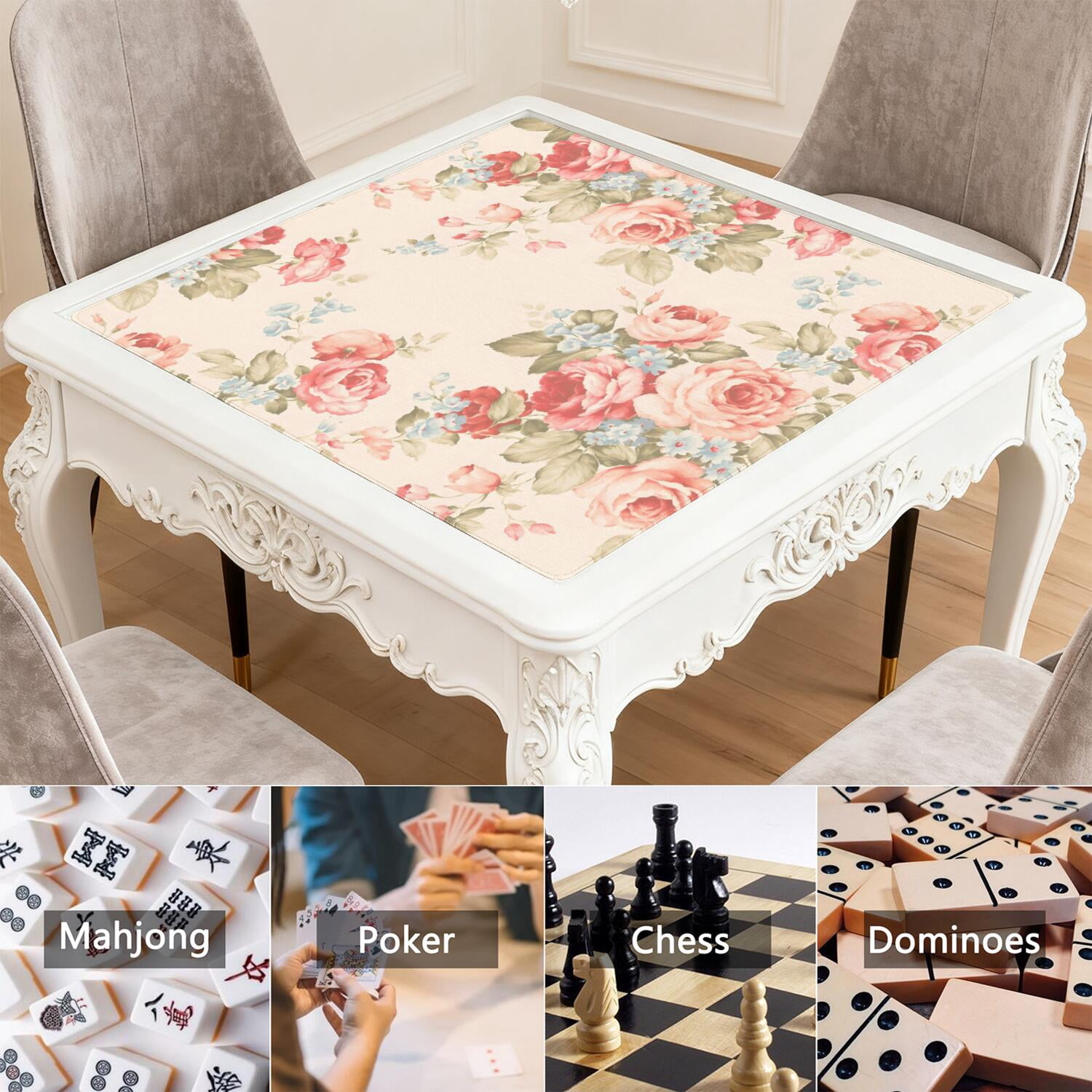 Extra Large Floral Pattern Anti-Slip Game Mat 31.5x31.5 Inch Rubber Mahjong Surface with Noise Reduction for Playing Tiles Cards and Board Games