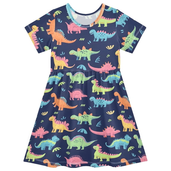 joogoo Cartoon Dinosaur Cute Girls' Short Sleeve Dress Kids Dresses 5-6T