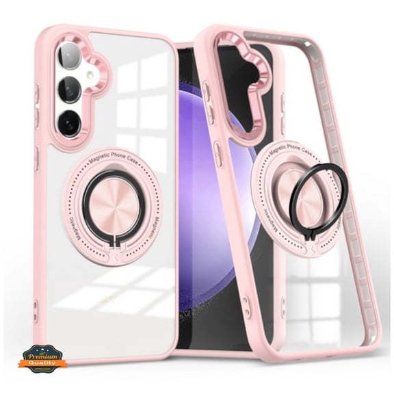 For Samsung Galaxy S25 EDGE Clear Transparent Back Hybrid with Rotating Ring Stand, MagSafe Compatible Shockproof Slim TPU PC Cover, XPM Phone Case [Pink]