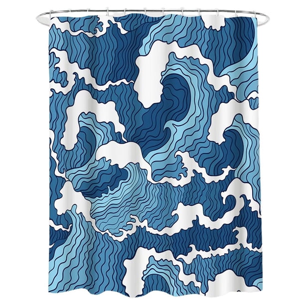 Ducha Con Ondas Japonesas, Cortina Impermeable, Juego De Cortinas De Baño Con Ondas Marinas Geométricas Con 12 Ganchos Vogacara HA044691-02