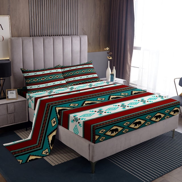 Erosebridal Ensemble de Draps Aztèques Taille Simple pour Adulte, Draps de Lit Rustic Bear Simple, Déco à Rayures Géométriques, 3 Pcs
