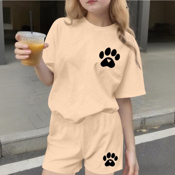 ITSAME Girls Outfit Sets, Loose Fit Crewneck T-Shirts and Shorts Summer Casual Fashion Clothes 2-Piece Beige Size 12
